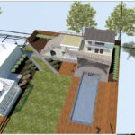 The apartment has wide steps for plants/sitting, a vegetated roof, and overlooks the pool and yard
