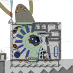 Plan.  The long oval connects the interior and exterior.