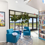 The circular book area creates a main space at the center and small intimate spaces on the edge.